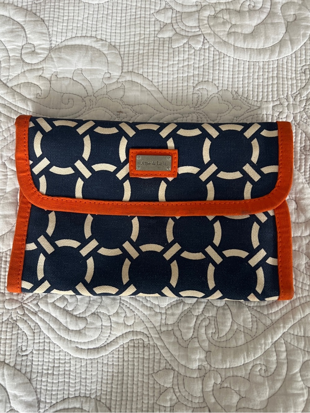 Ame & Lulu Navy Geometric Travel Pouch with Orange Trim
